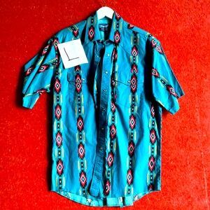Vintage Wrangler Shirt Mens Large Blue Brushpopper Western Aztec Cowboy